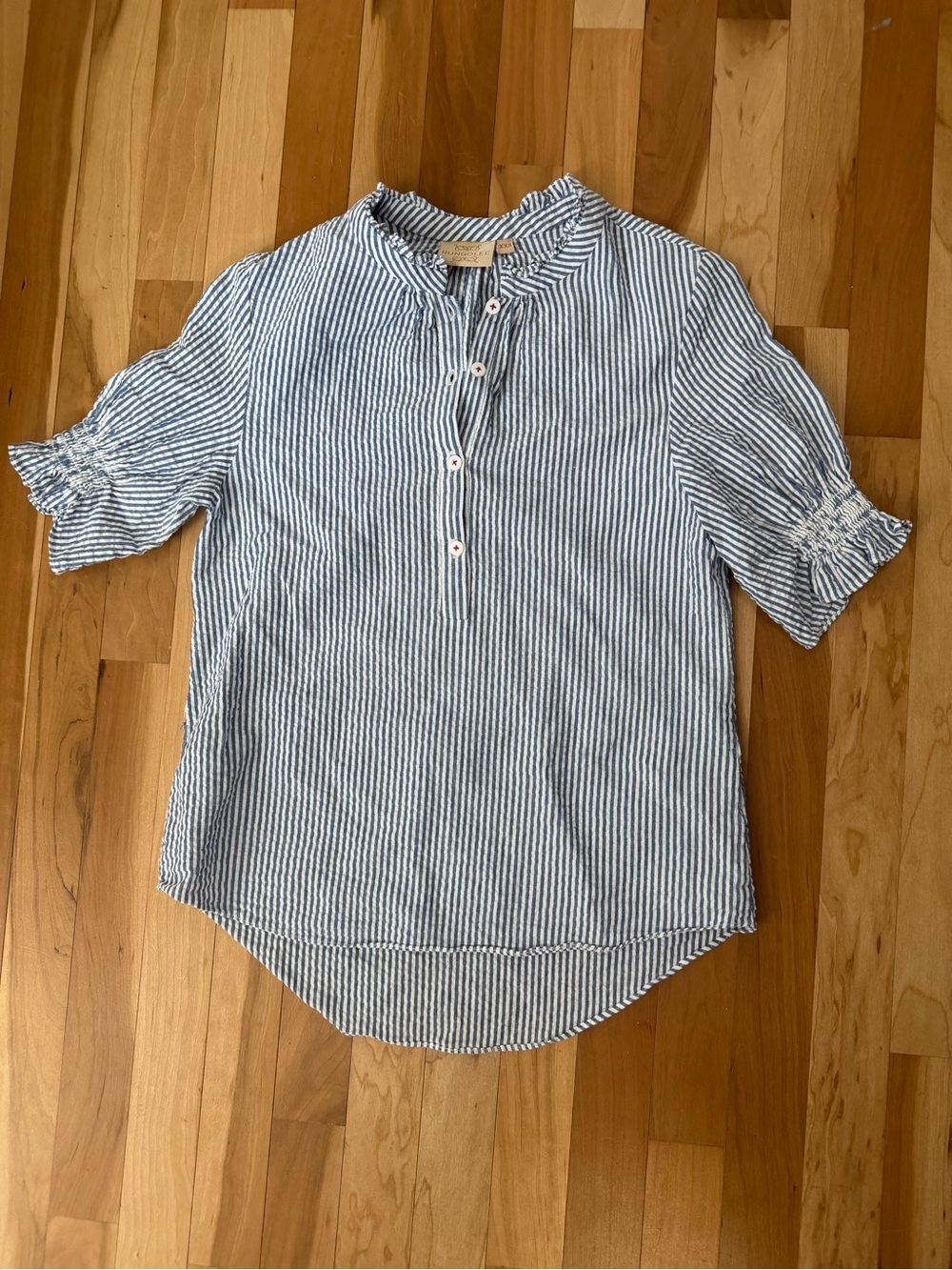 Striped Blue and White Women's Ruffle Neck Blouse